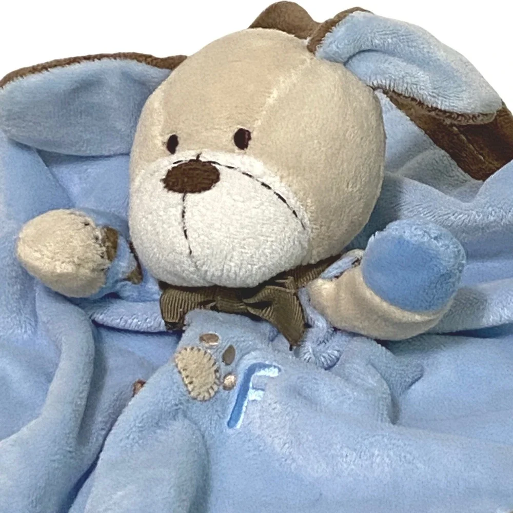 Carters Blue Puppy Dog Woof Security Blanket Rattle Satin Back Lovey Brown Blue